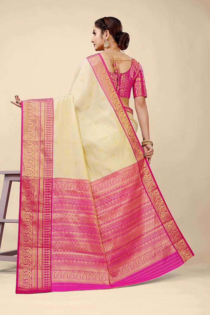 Elegant Cream and Pink Zari Work Saree with Gold Embroidery