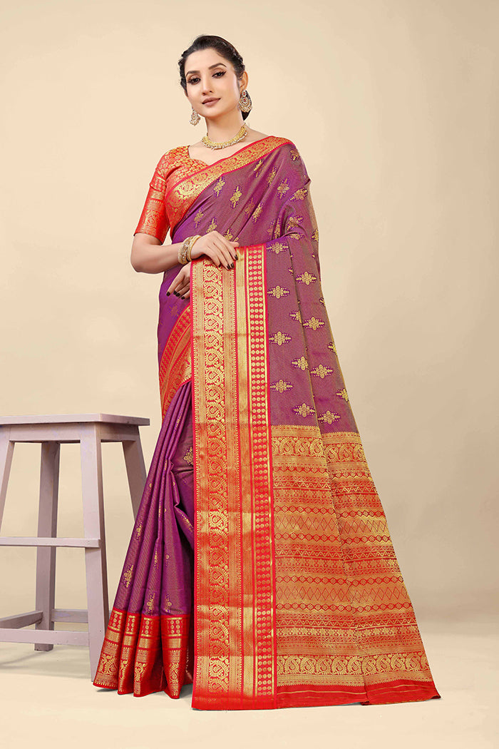 Elegant Purple & Red Banarasi Silk Saree with Rich Zari Work