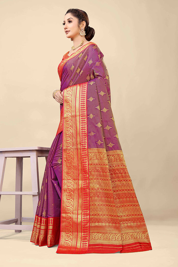 Elegant Purple & Red Banarasi Silk Saree with Rich Zari Work