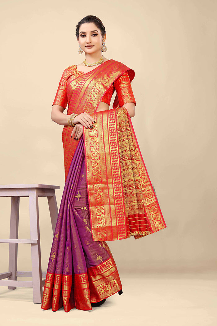 Elegant Purple & Red Banarasi Silk Saree with Rich Zari Work