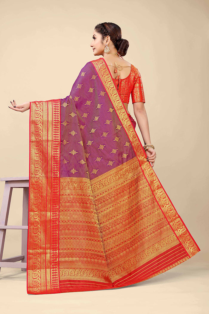 Elegant Purple & Red Banarasi Silk Saree with Rich Zari Work