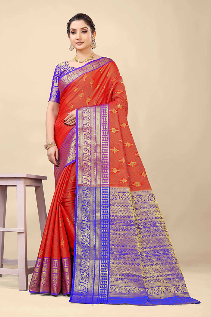 Royal Red & Blue Banarasi Silk Saree with Golden Zari Weaving