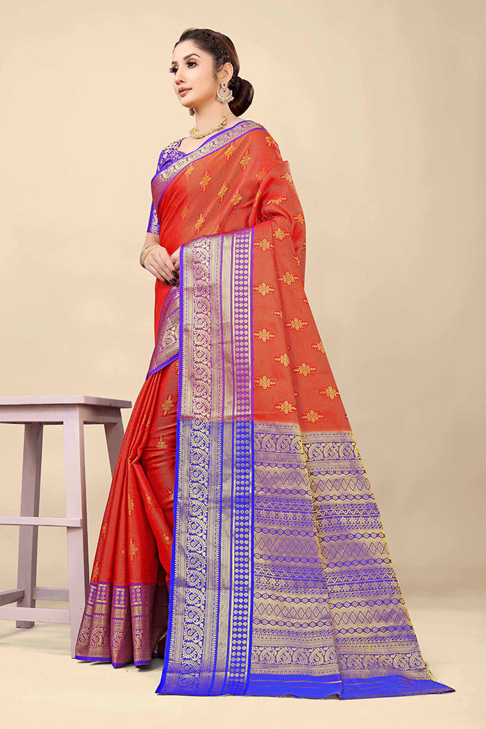Royal Red & Blue Banarasi Silk Saree with Golden Zari Weaving