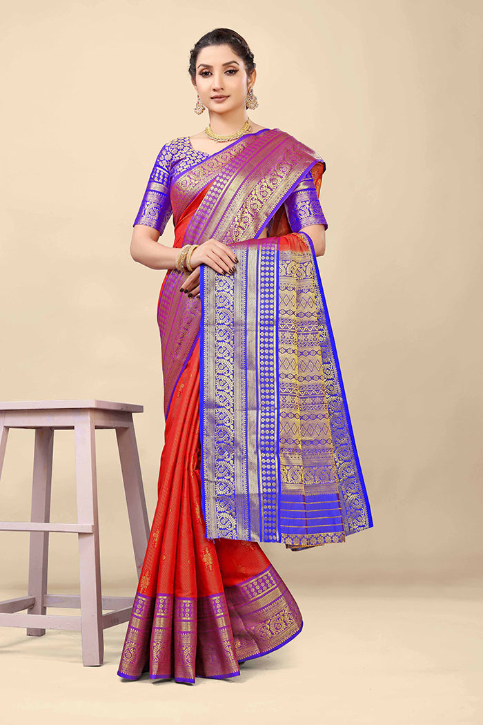 Royal Red & Blue Banarasi Silk Saree with Golden Zari Weaving