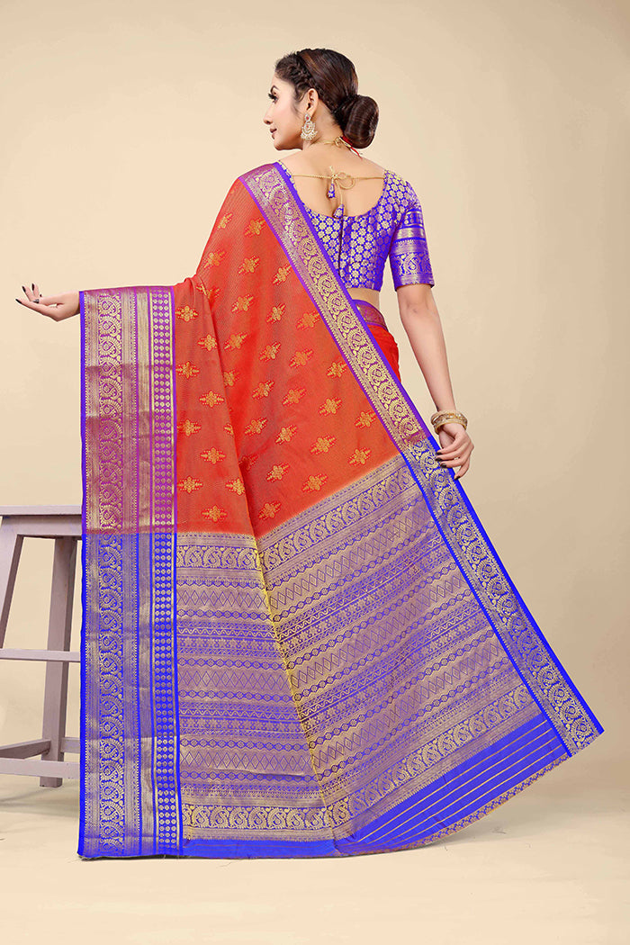 Royal Red & Blue Banarasi Silk Saree with Golden Zari Weaving