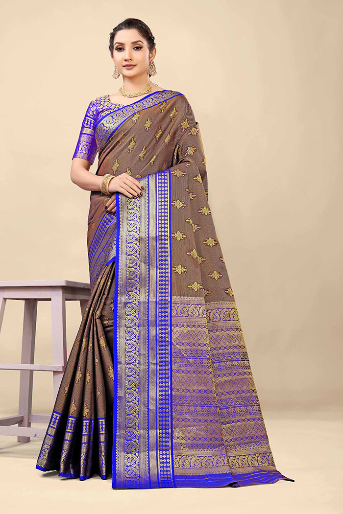 Taupe Brown & Royal Blue Banarasi Silk Saree with Gold Zari Work
