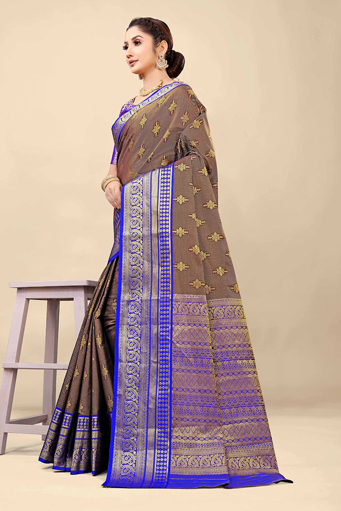 Taupe Brown & Royal Blue Banarasi Silk Saree with Gold Zari Work