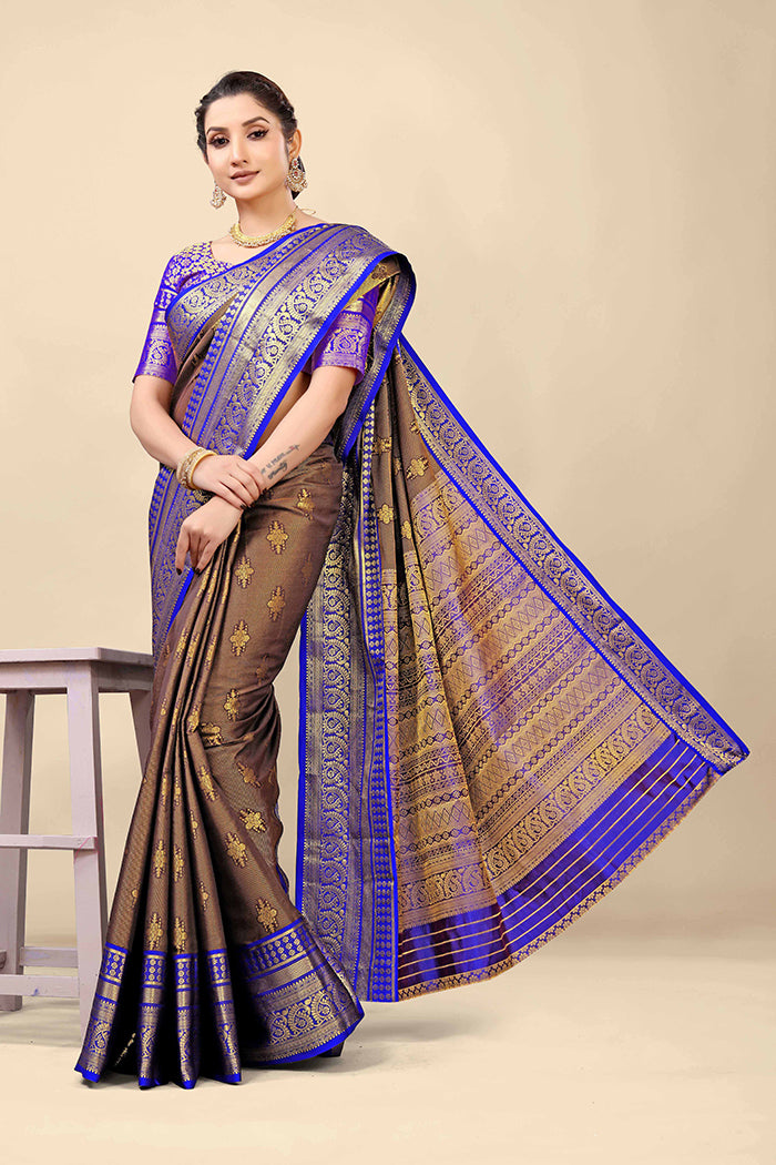 Taupe Brown & Royal Blue Banarasi Silk Saree with Gold Zari Work