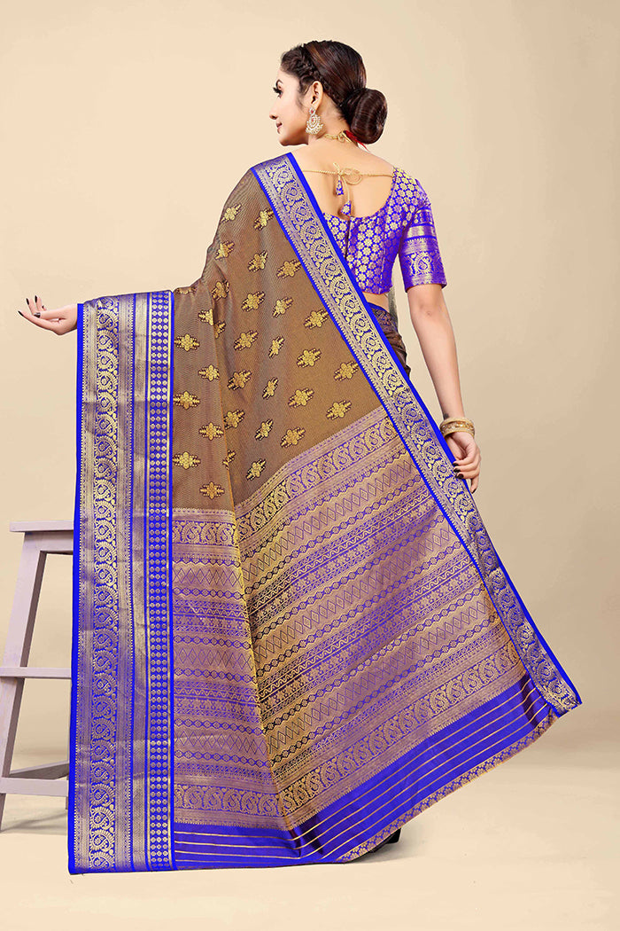 Taupe Brown & Royal Blue Banarasi Silk Saree with Gold Zari Work