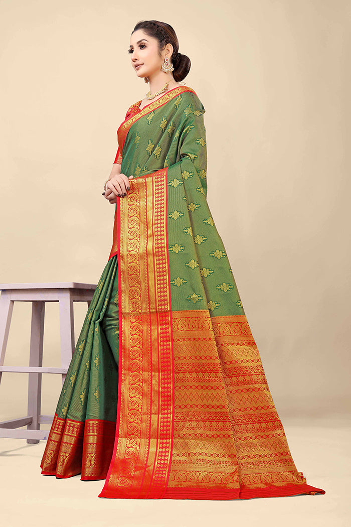 Graceful Green & Red Banarasi Silk Saree with Gold Zari Embellishments