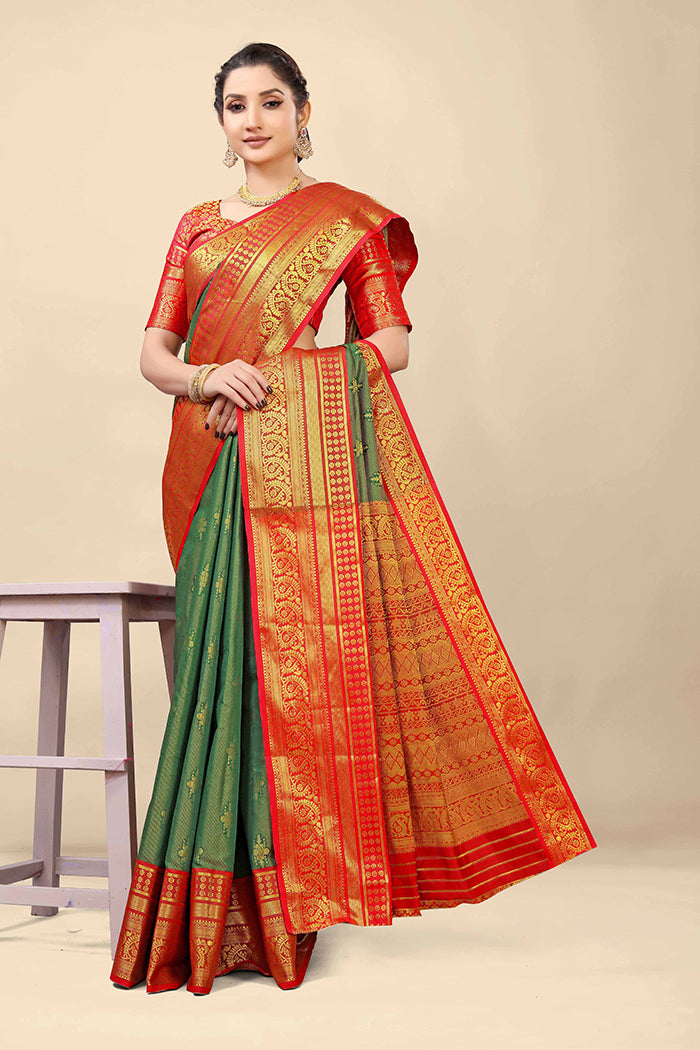 Graceful Green & Red Banarasi Silk Saree with Gold Zari Embellishments