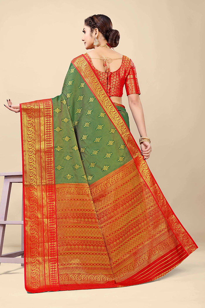 Graceful Green & Red Banarasi Silk Saree with Gold Zari Embellishments