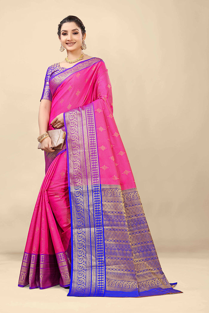Radiant Pink Banarasi Silk Saree with Royal Blue Zari Woven Border
