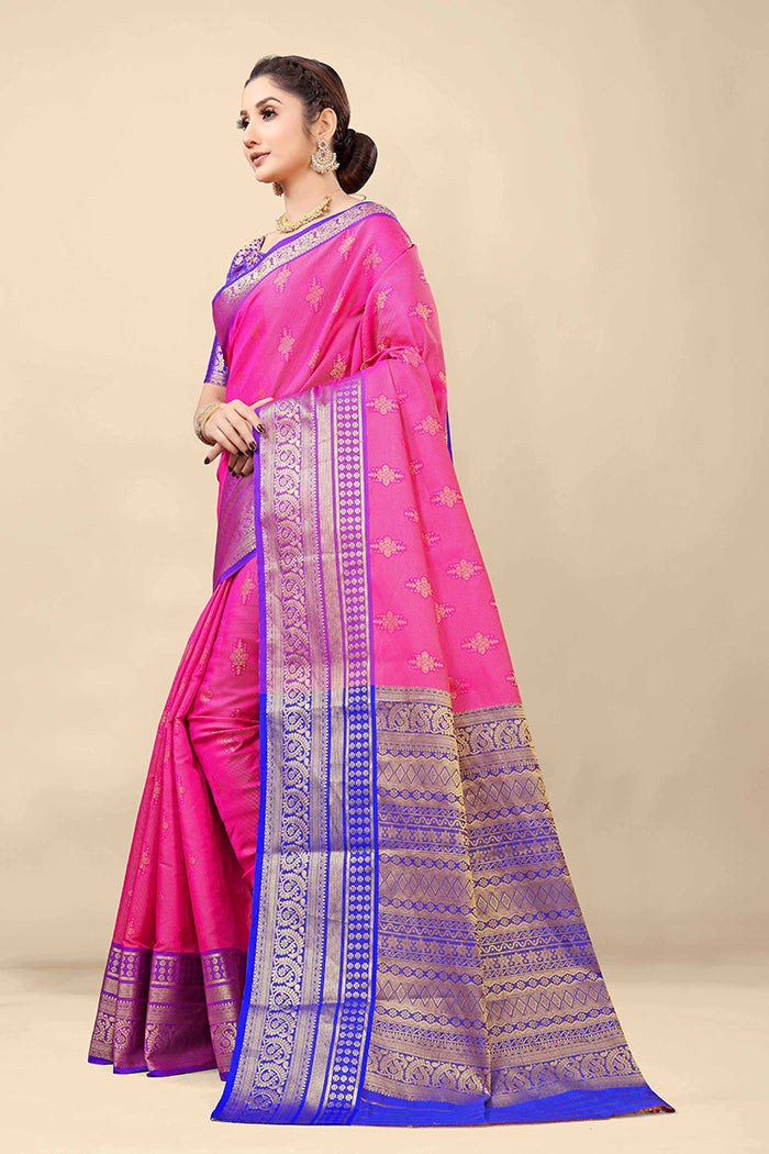 Radiant Pink Banarasi Silk Saree with Royal Blue Zari Woven Border
