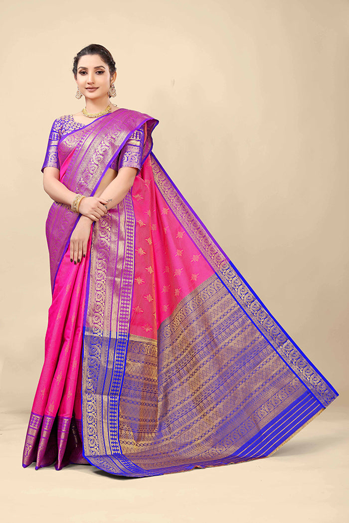 Radiant Pink Banarasi Silk Saree with Royal Blue Zari Woven Border
