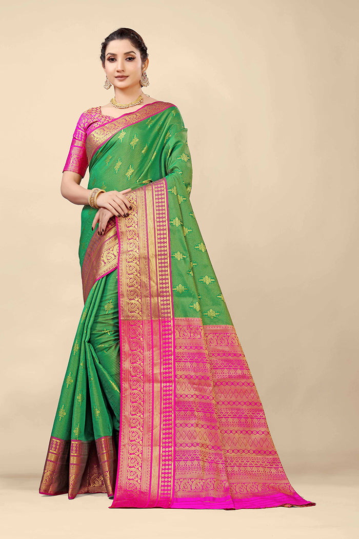 Exquisite Green and Pink Banarasi Zari Work silk saree