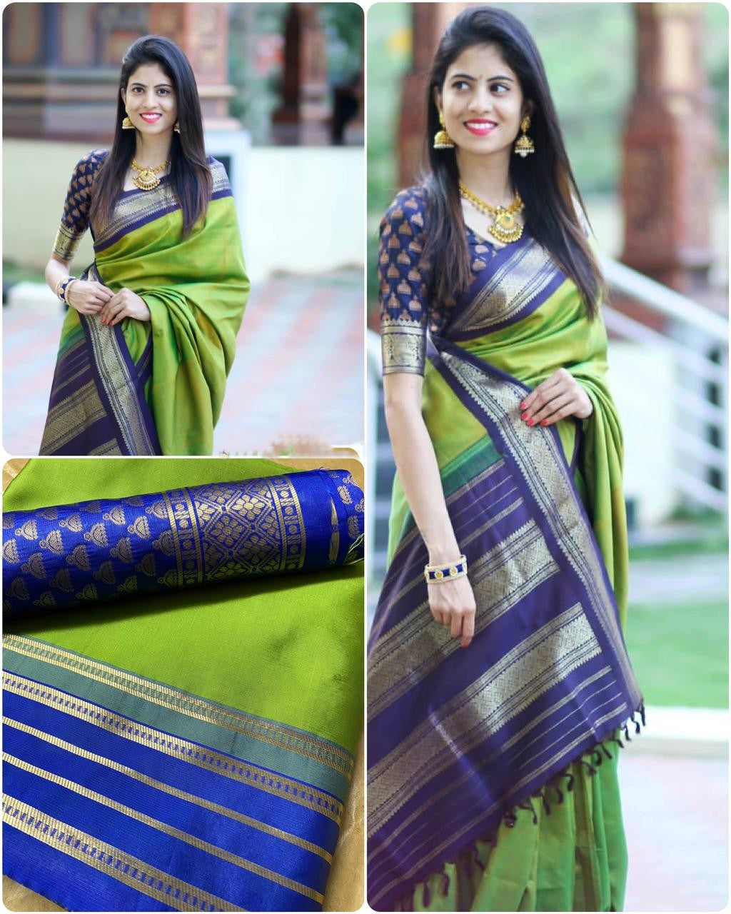 Parrot green Kanchipuram pure silk saree with royal blue border