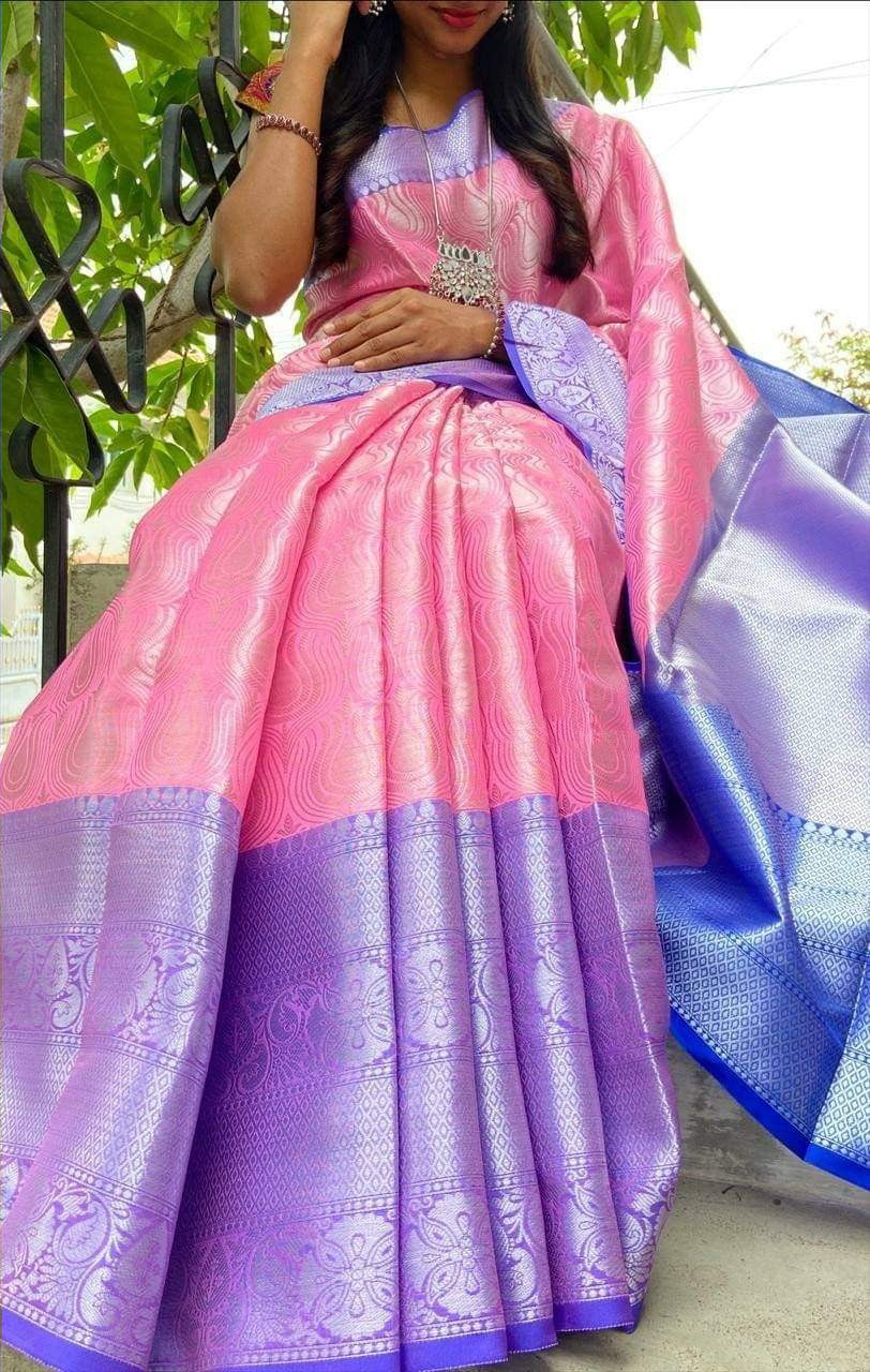 Trendy Baby Pink Color Soft Silk Sarees With Blue Blouse