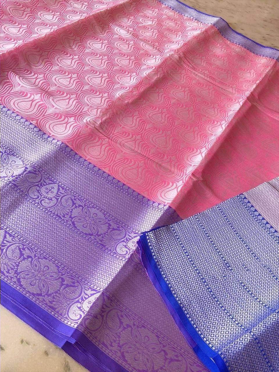 Trendy Baby Pink Color Soft Silk Sarees With Blue Blouse
