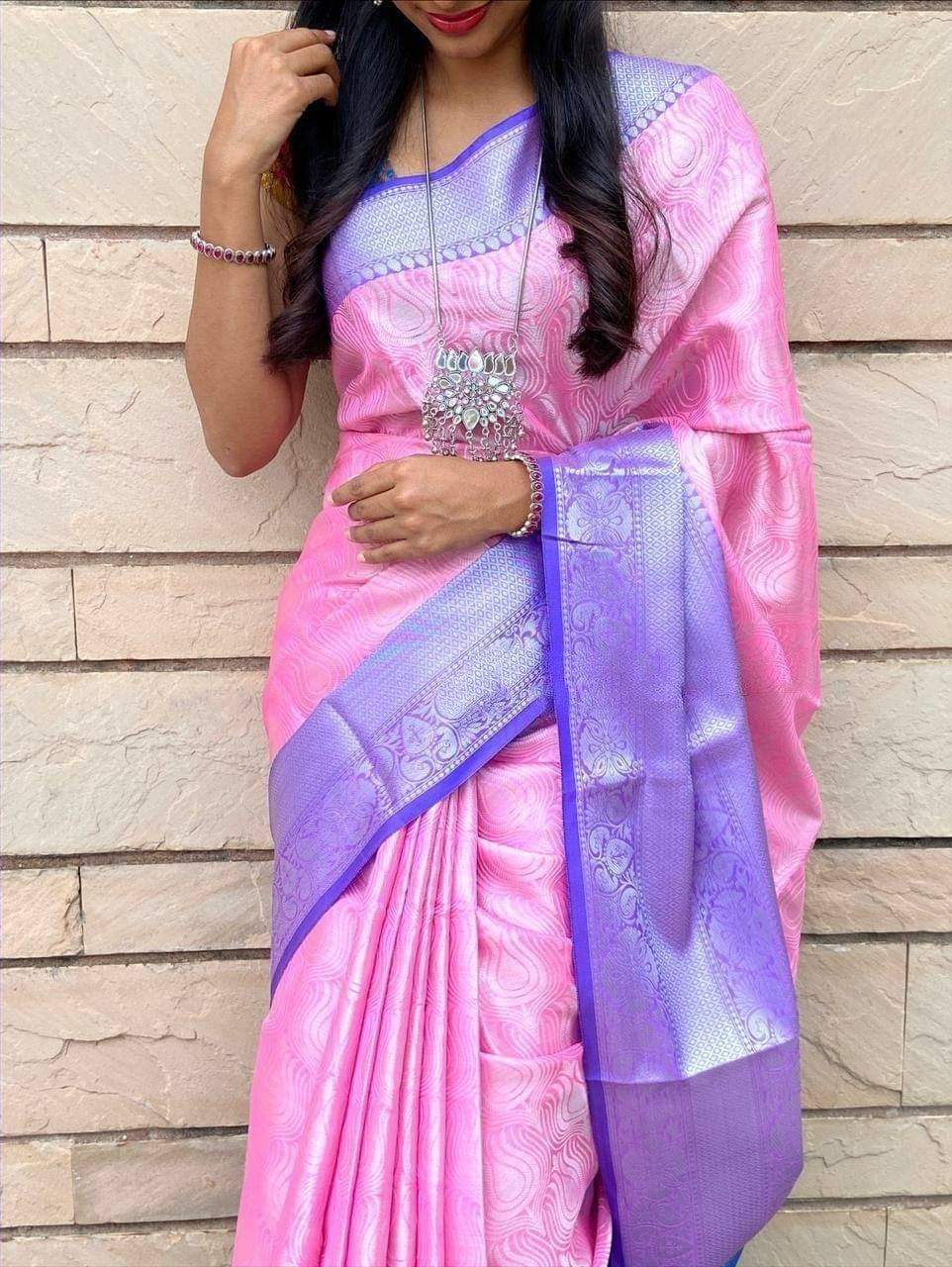 Trendy Baby Pink Color Soft Silk Sarees With Blue Blouse