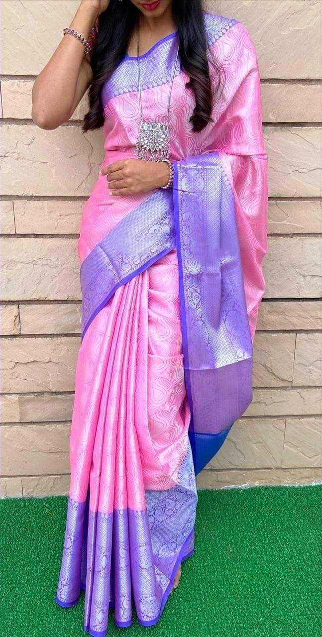 Trendy Baby Pink Color Soft Silk Sarees With Blue Blouse
