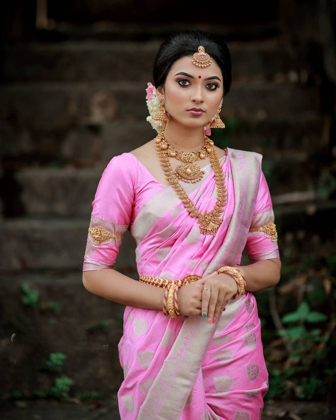 Light Pink Silk Saree Sari With UnStitched Blouse