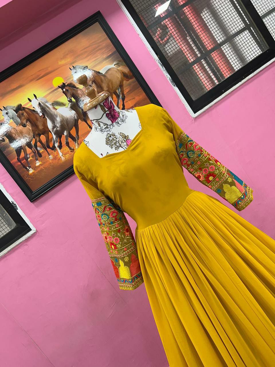 Beautiful Designer Georgette Fabric Yellow Gown