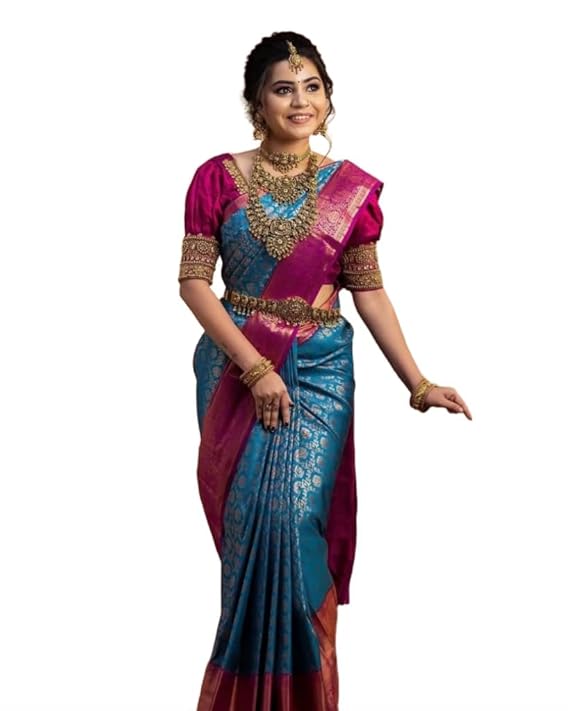 Banarasi Silk Saree||Blue Coloured Kanjivaram Saree|| Banarasi Kanjivaram Art Silk Saree with Blouse Pieces