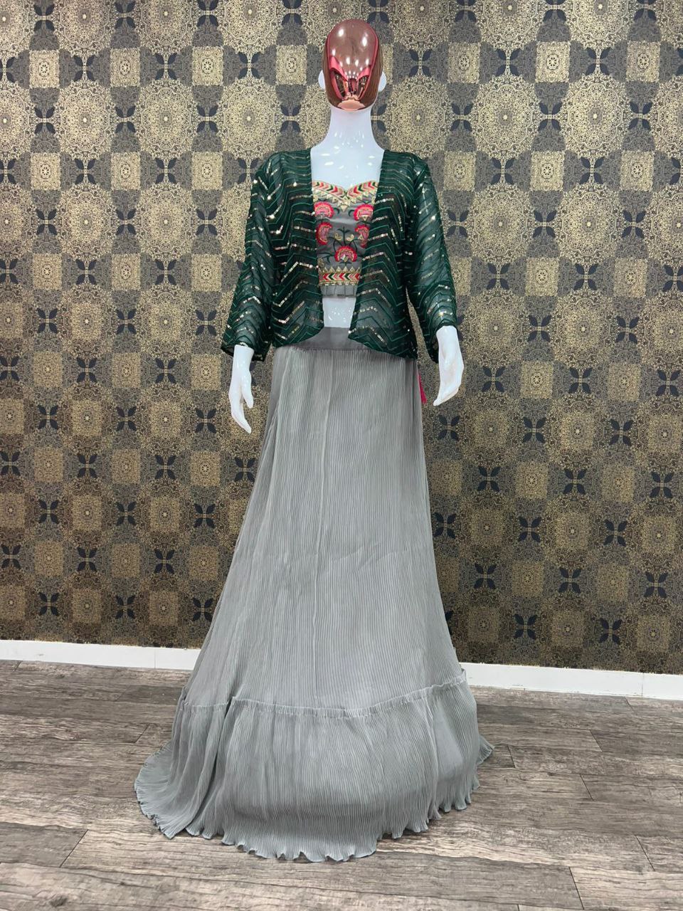 Grey Lehenga Choli And Blouse With Green Jacket