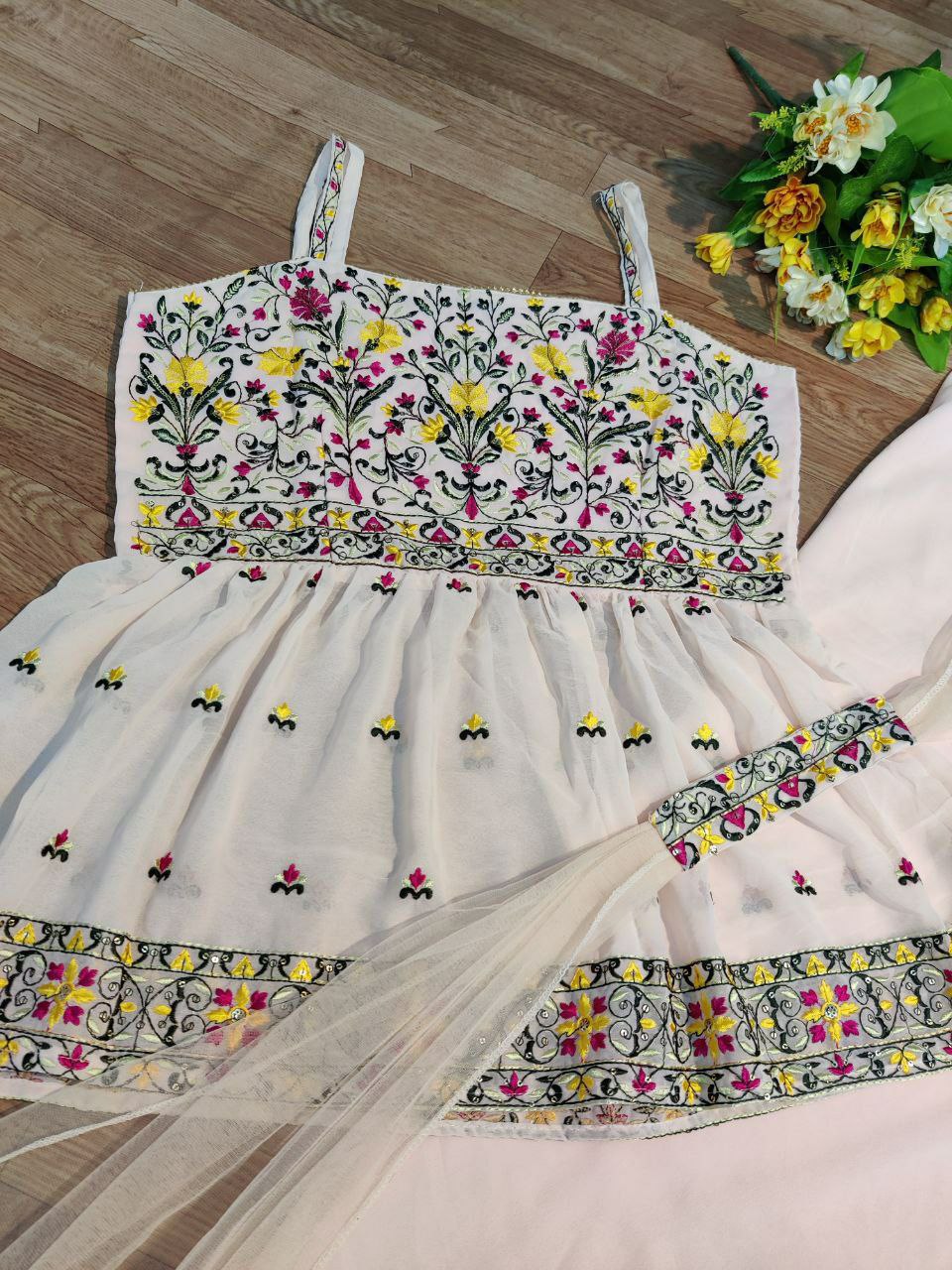 White Anarkali Designer Top with Palazzo And Dupatta