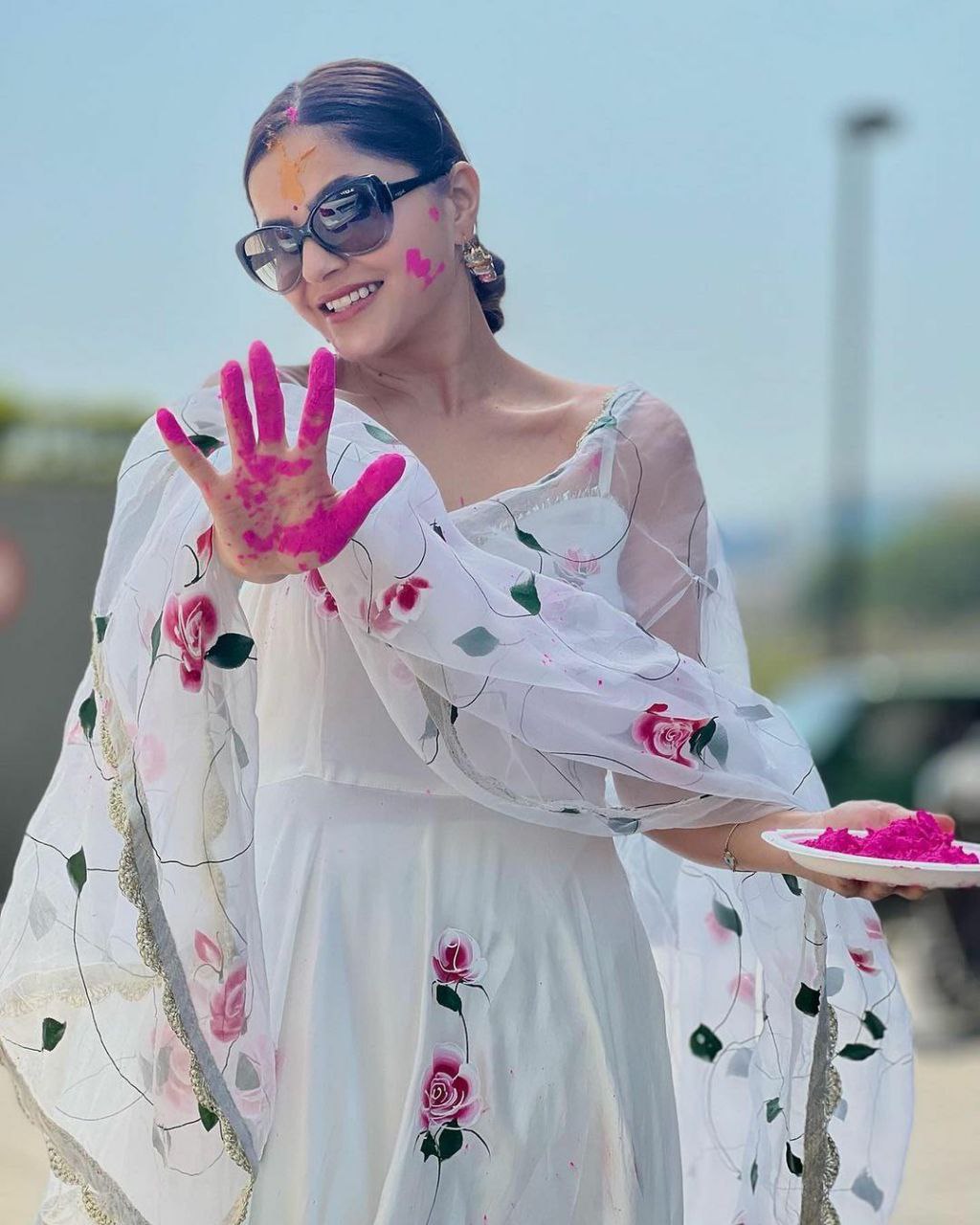 White Designer Floral Gown Pant Dupatta Set