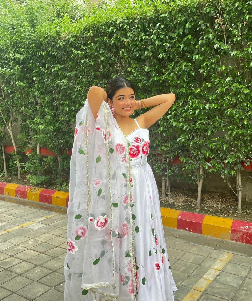 White Designer Floral Gown Pant Dupatta Set