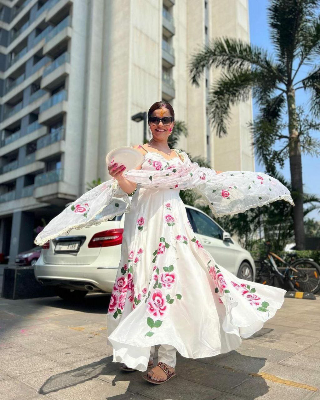 White Designer Floral Gown Pant Dupatta Set