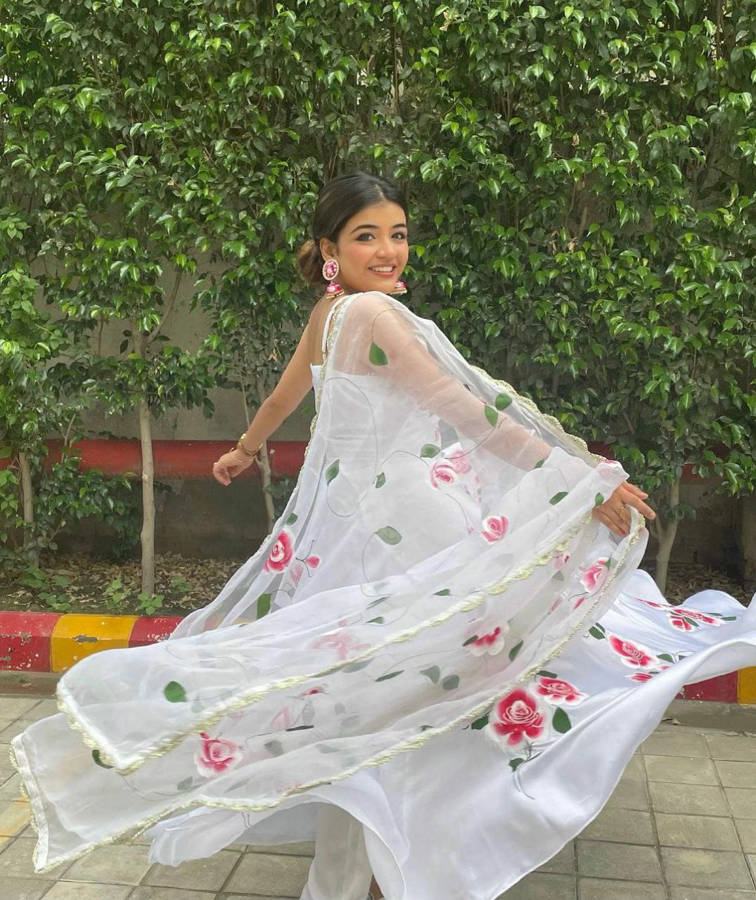 White Designer Floral Gown Pant Dupatta Set