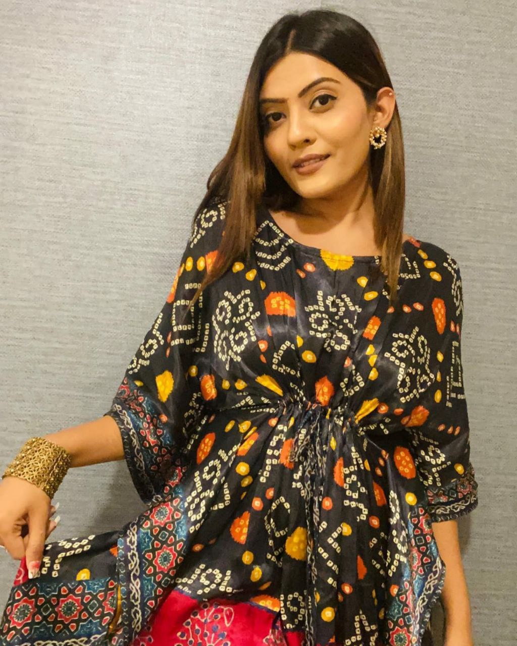 Black Silk With Bandhani Printed Summer Wear Kaftan