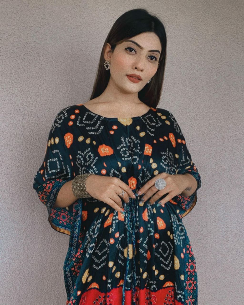 Black Silk With Bandhani Printed Summer Wear Kaftan