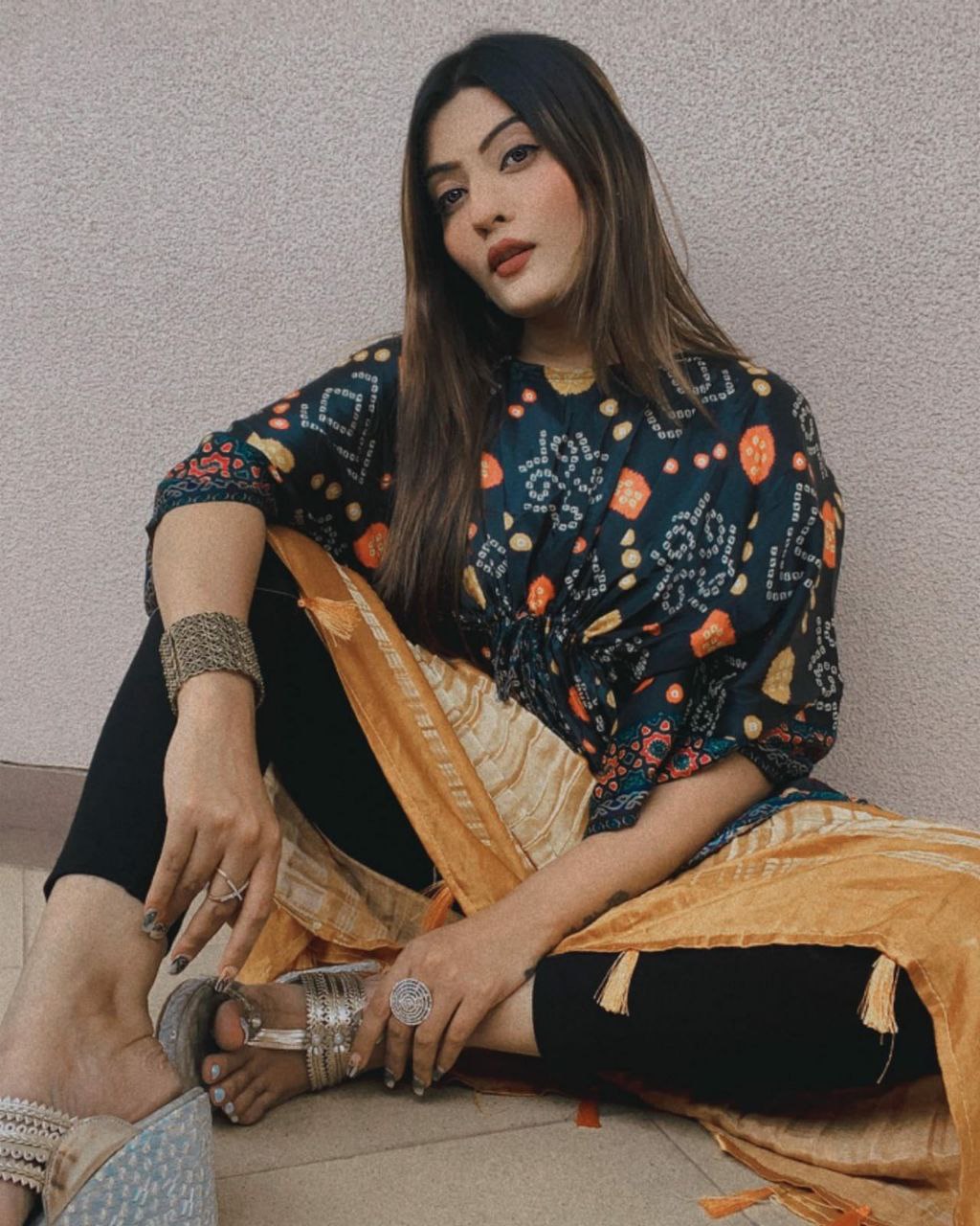 Black Silk With Bandhani Printed Summer Wear Kaftan