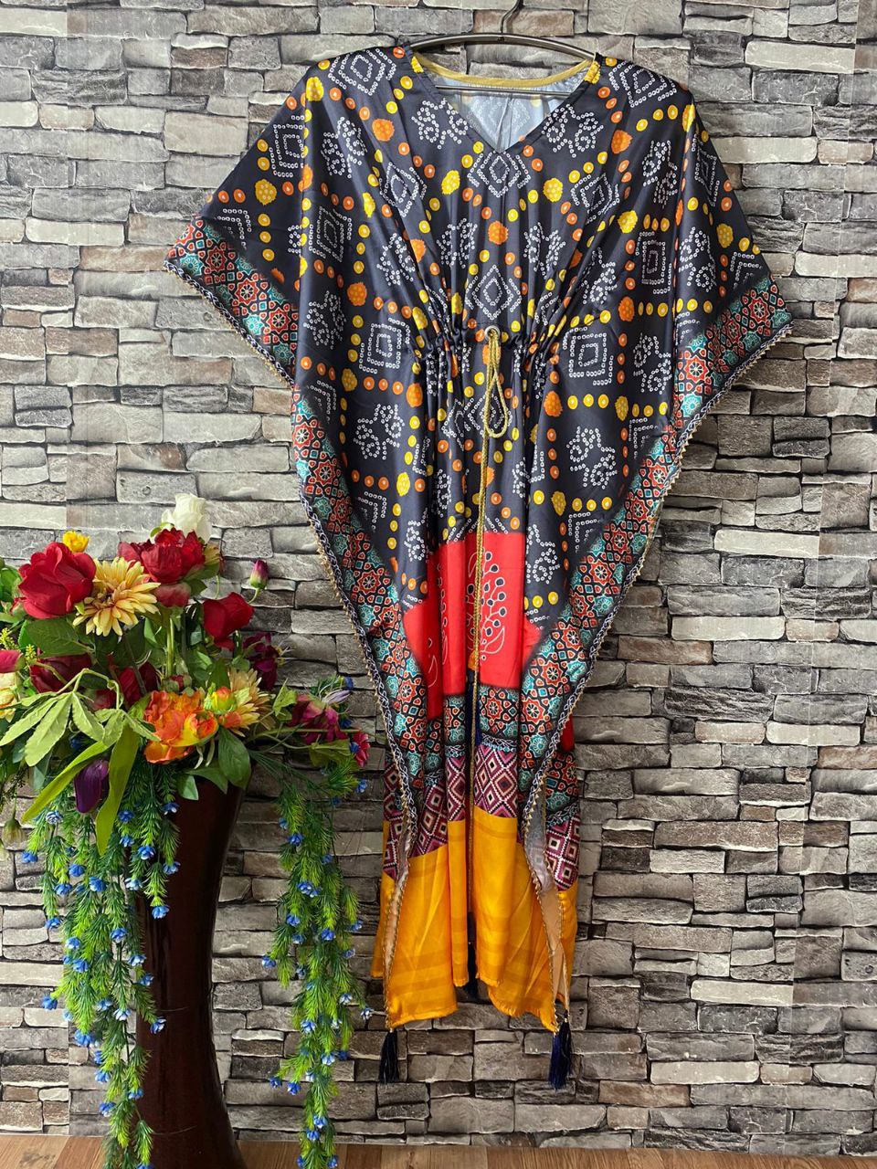 Black Silk With Bandhani Printed Summer Wear Kaftan