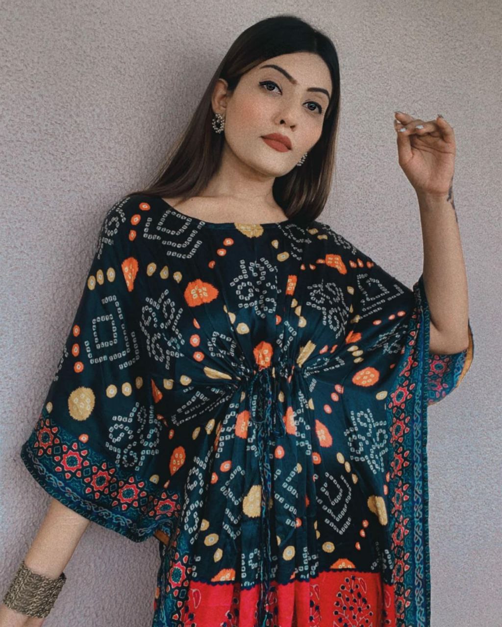 Black Silk With Bandhani Printed Summer Wear Kaftan