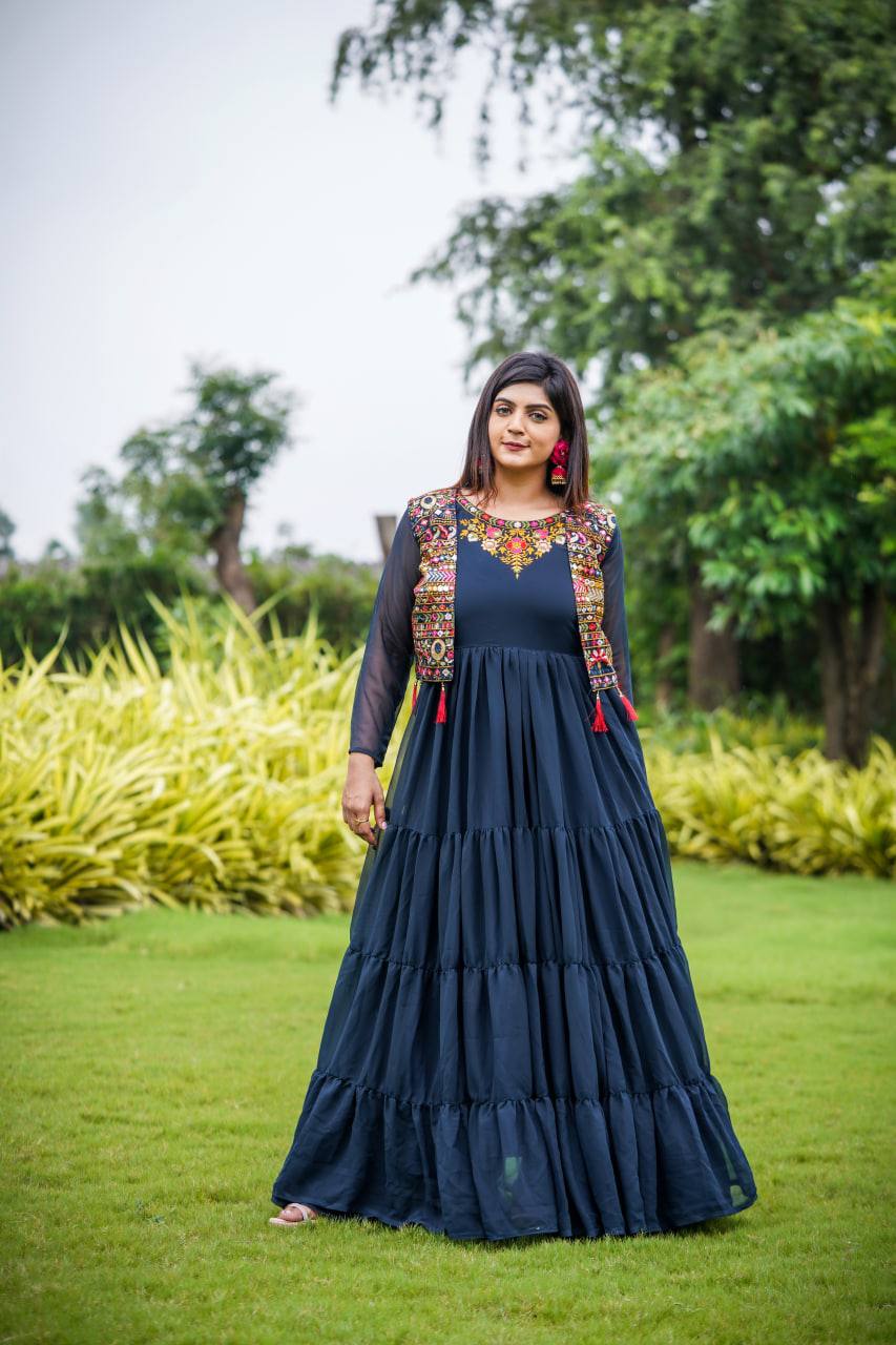 Navy Blue Color Georgette Readymade Gown For Women