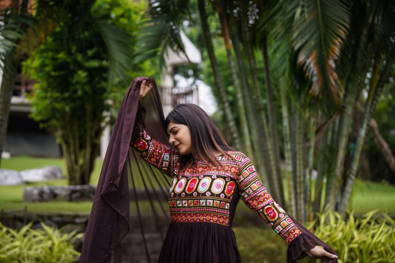 Modern Faux Georgette Work With Flair And Full Sleeve Gown