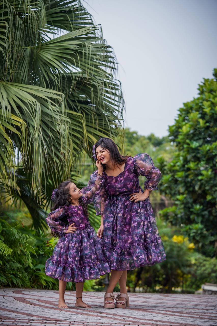 Floral Print Purple Color Organza Gown For Women And Kids