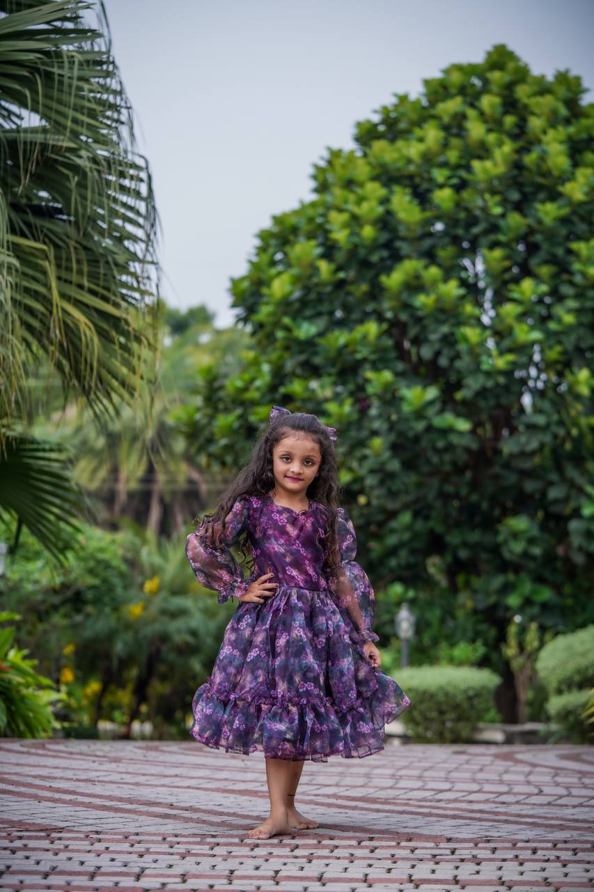 Floral Print Purple Color Organza Gown For Women And Kids