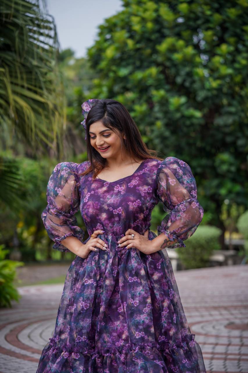 Floral Print Purple Color Organza Gown For Women And Kids