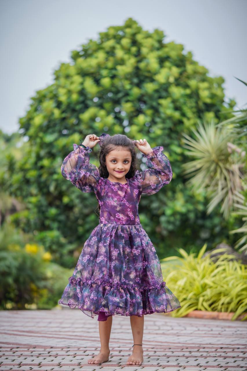Floral Print Purple Color Organza Gown For Women And Kids