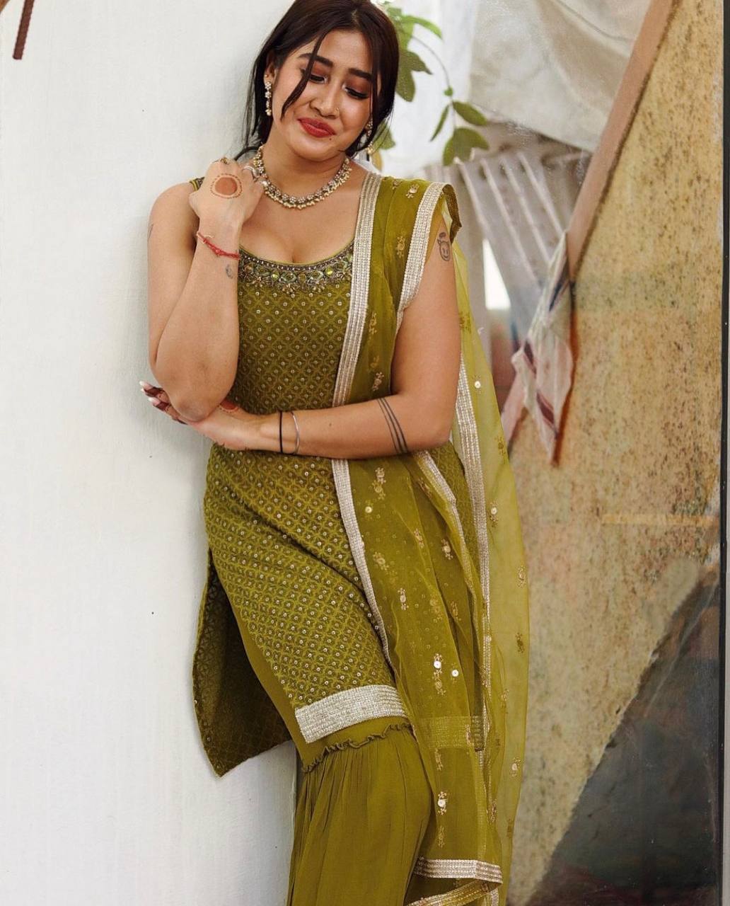 Mehndi Color Beautiful Embroidery Work Sharara Suit