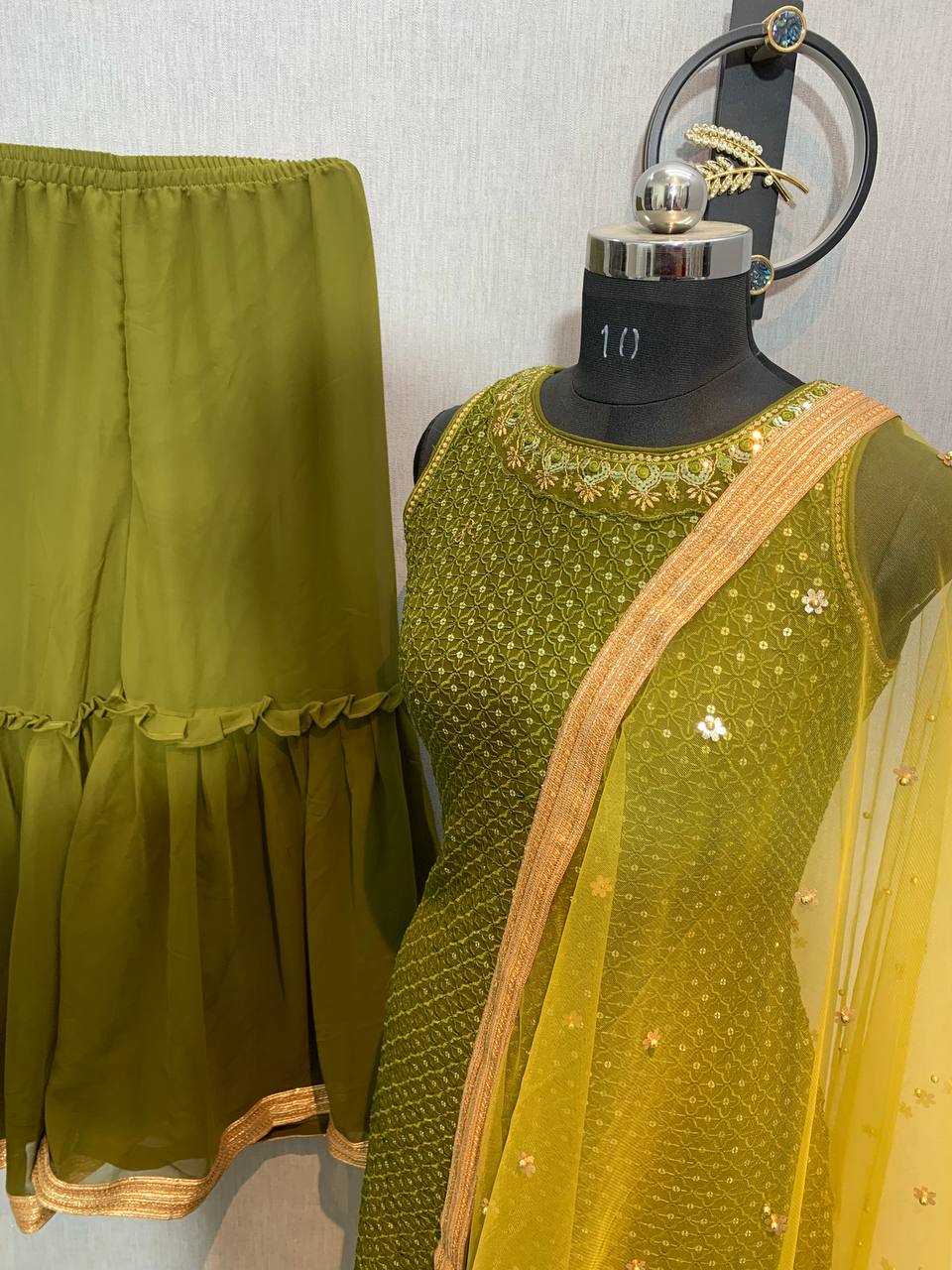Mehndi Color Beautiful Embroidery Work Sharara Suit