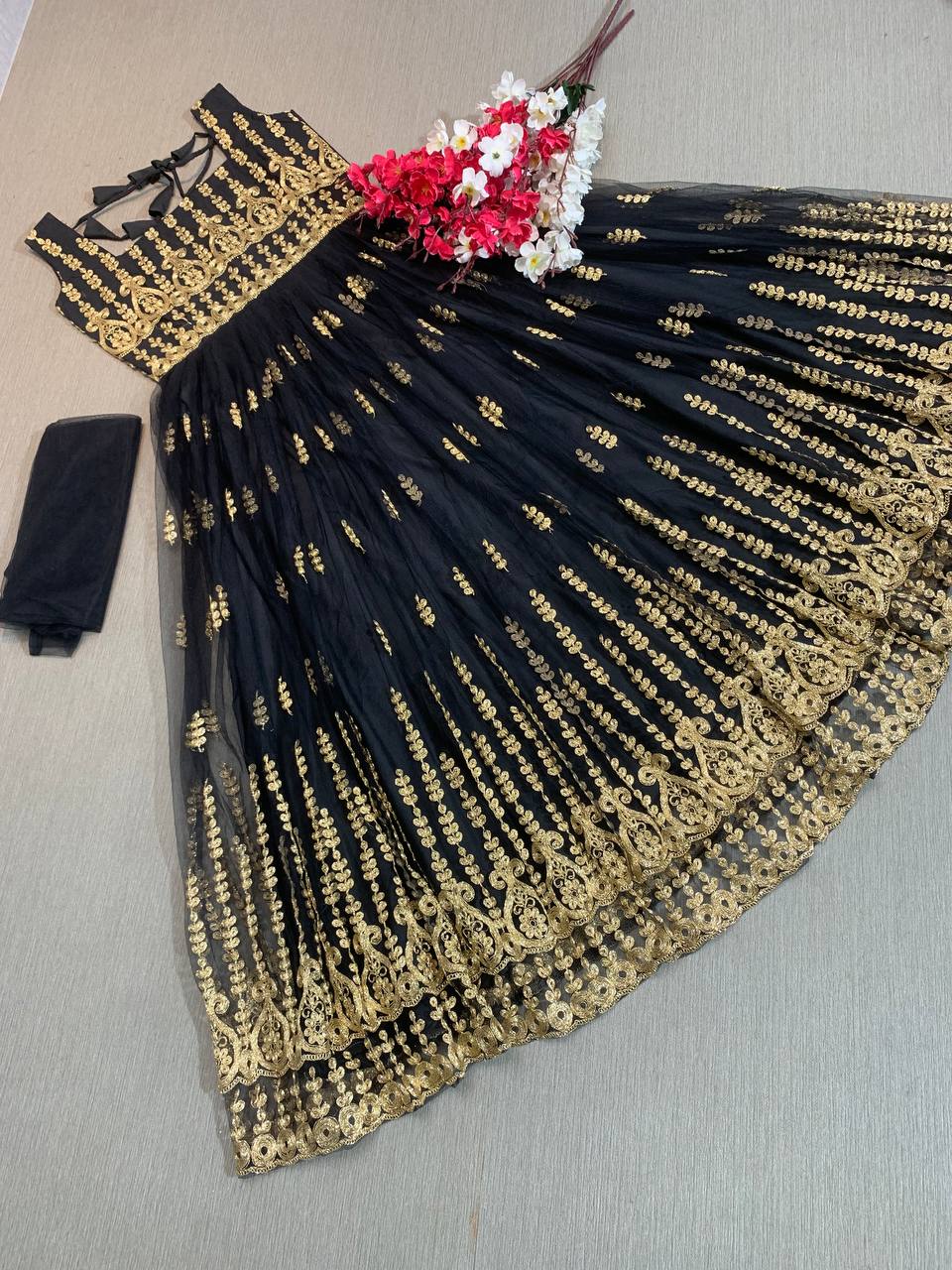 Black Faux Georgette Printed Long Gown For Women