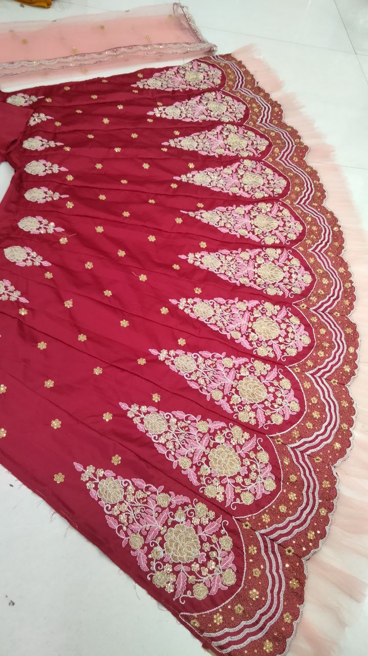 Maroon color Partywear Silk Lehenga With Zari work