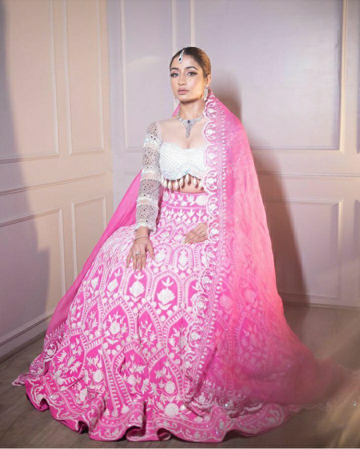 Partywear Pink Lehenga Choli With White Blouse